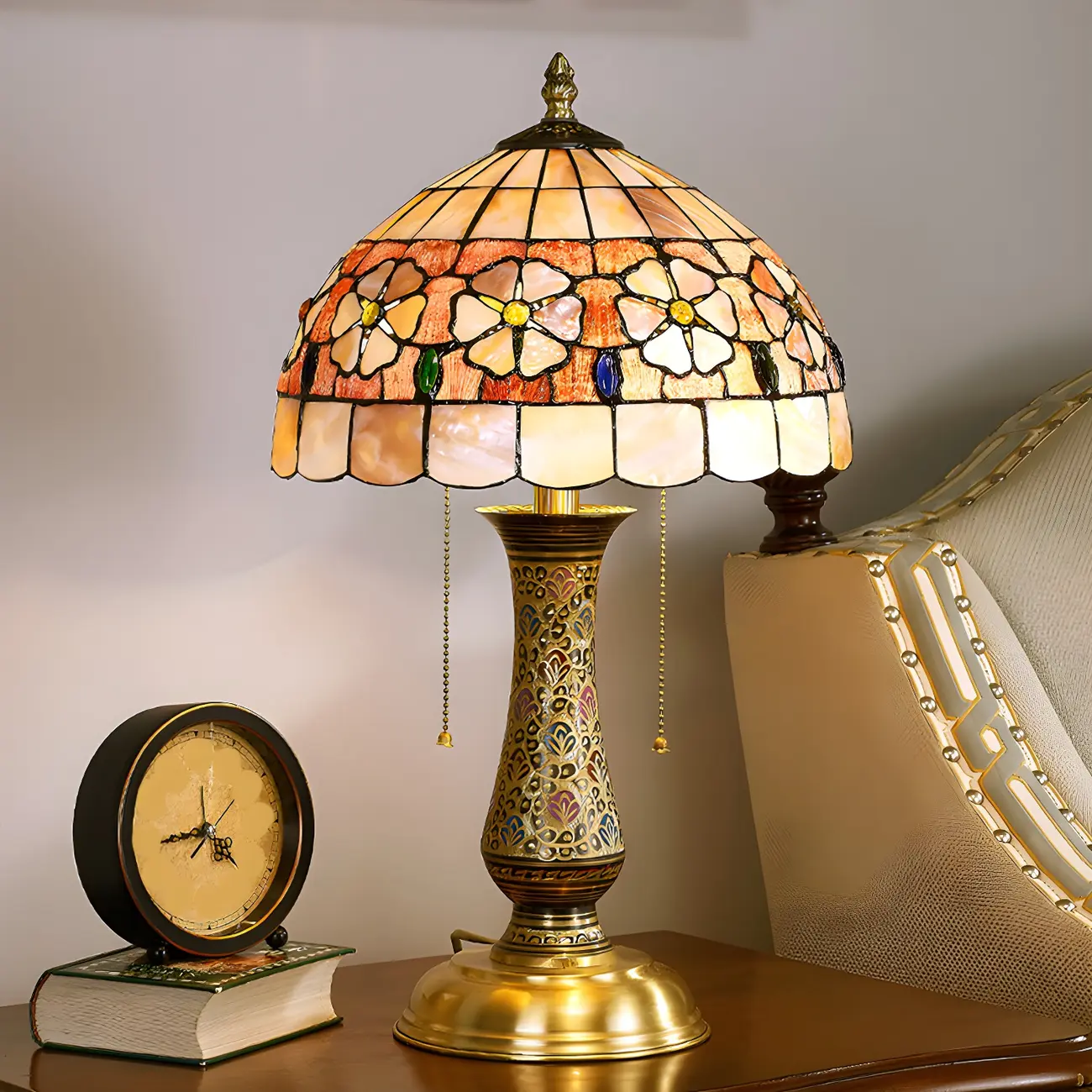 Antique Brass 2-Light Stained Glass Dome-Shape Table Lamp Image - 1 | homeyfad