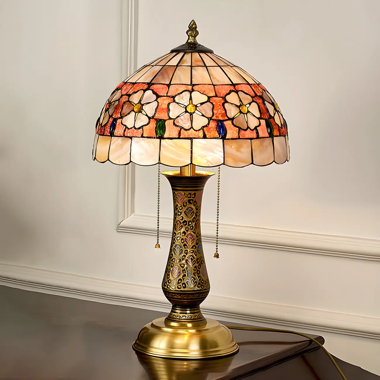 Antique Brass 2-Light Stained Glass Dome-Shape Table Lamp Image - 2 | homeyfad
