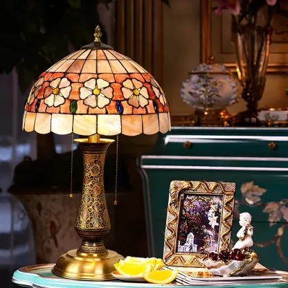 Antique Brass 2-Light Stained Glass Dome-Shape Table Lamp Image - 3