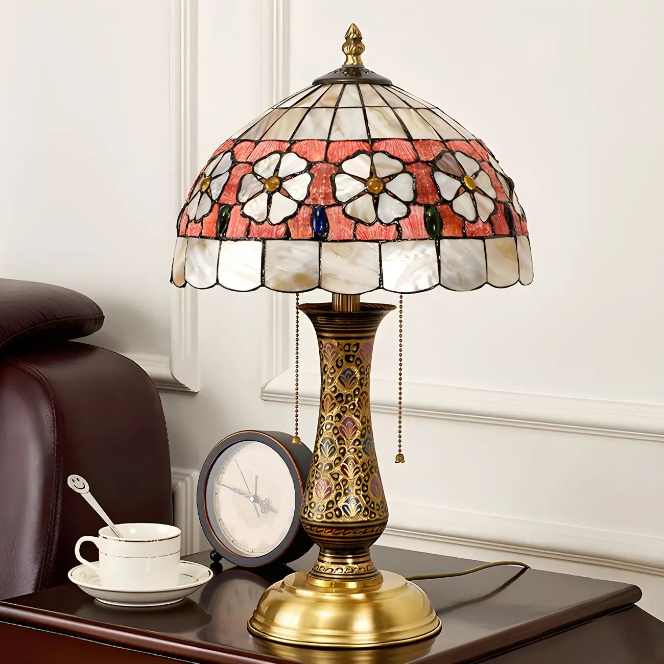 Antique Brass 2-Light Stained Glass Dome-Shape Table Lamp Image - 4