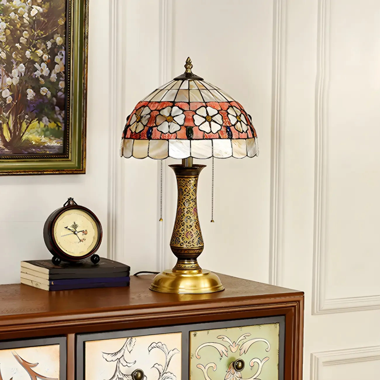 Antique Brass 2-Light Stained Glass Dome-Shape Table Lamp Image - 5