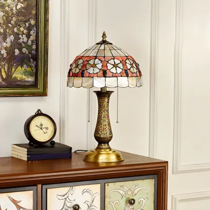 Antique Brass 2-Light Stained Glass Dome-Shape Table Lamp Image - 5