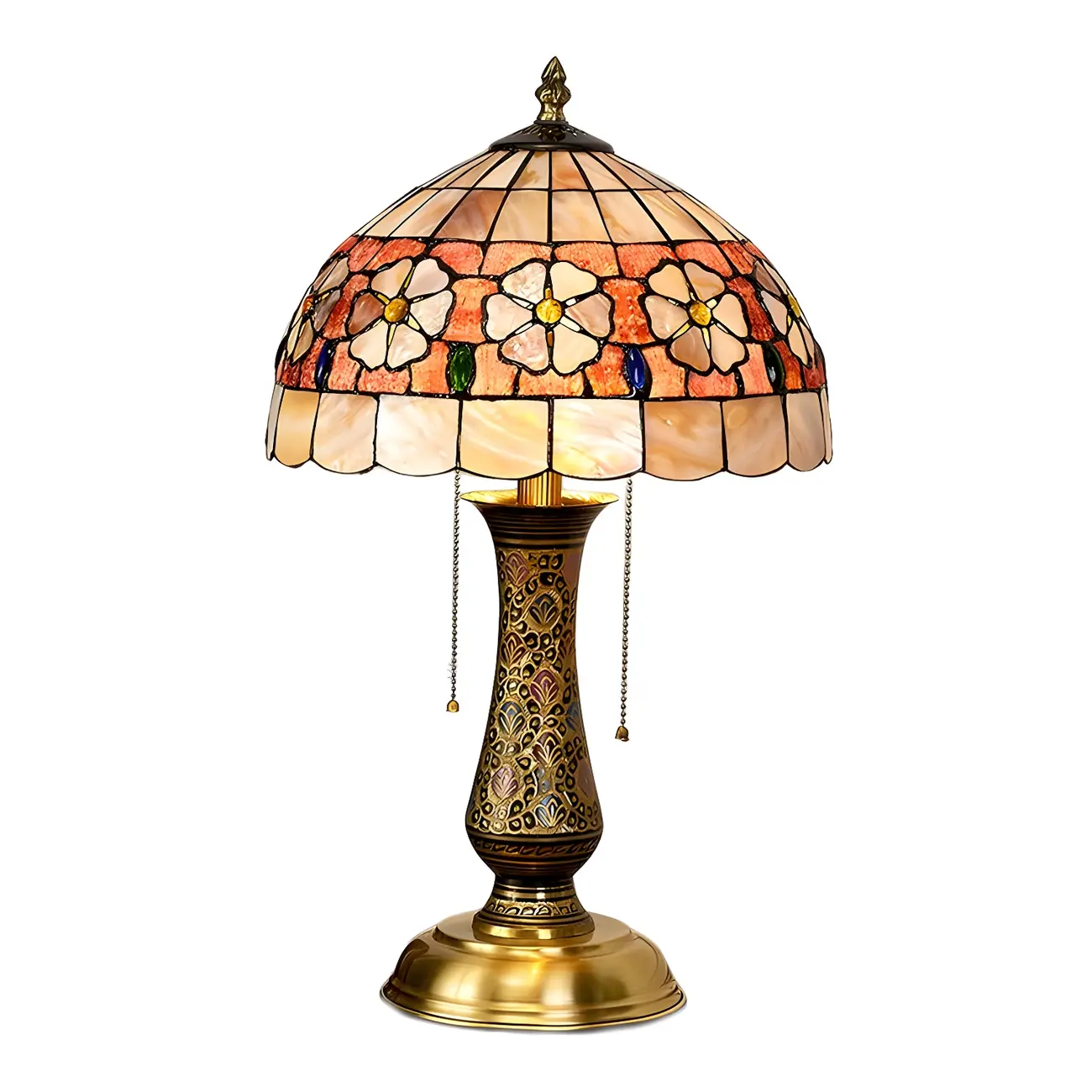 Antique Brass 2-Light Stained Glass Dome-Shape Table Lamp Image - 6 | homeyfad