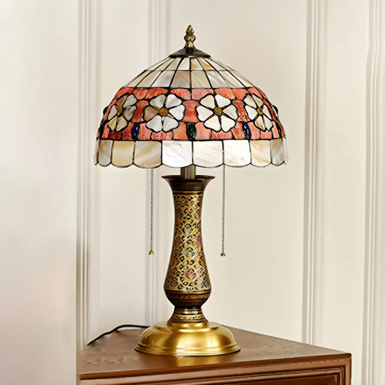 Antique Brass 2-Light Stained Glass Dome-Shape Table Lamp Image - 7