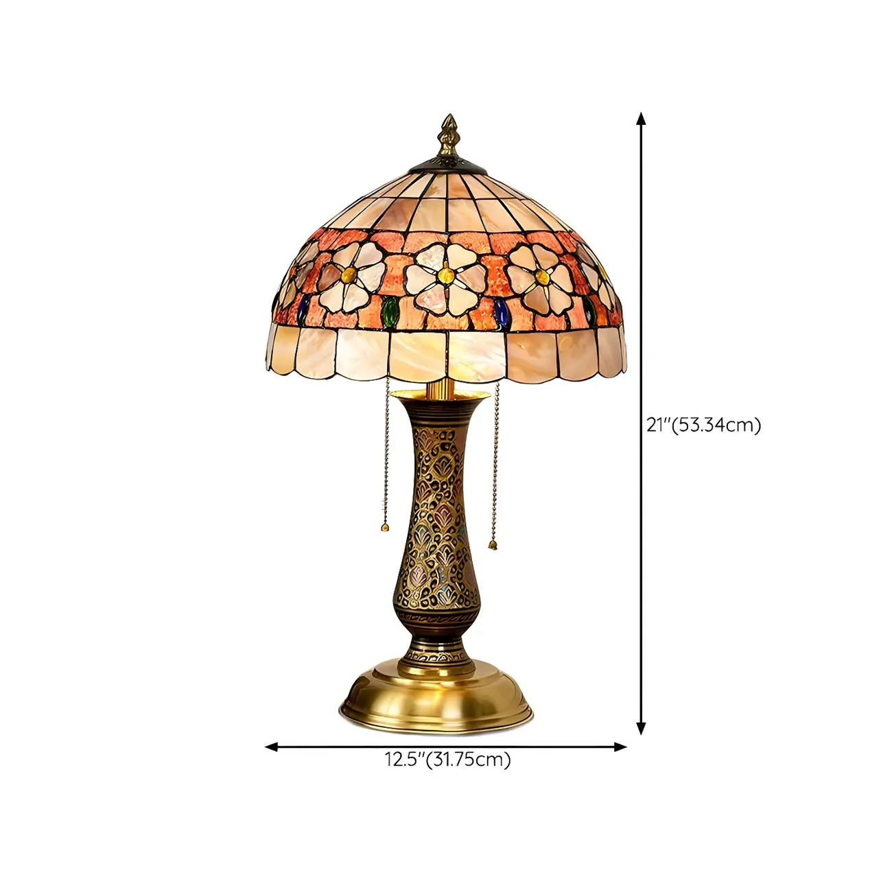 Antique Brass 2-Light Stained Glass Dome-Shape Table Lamp #size
