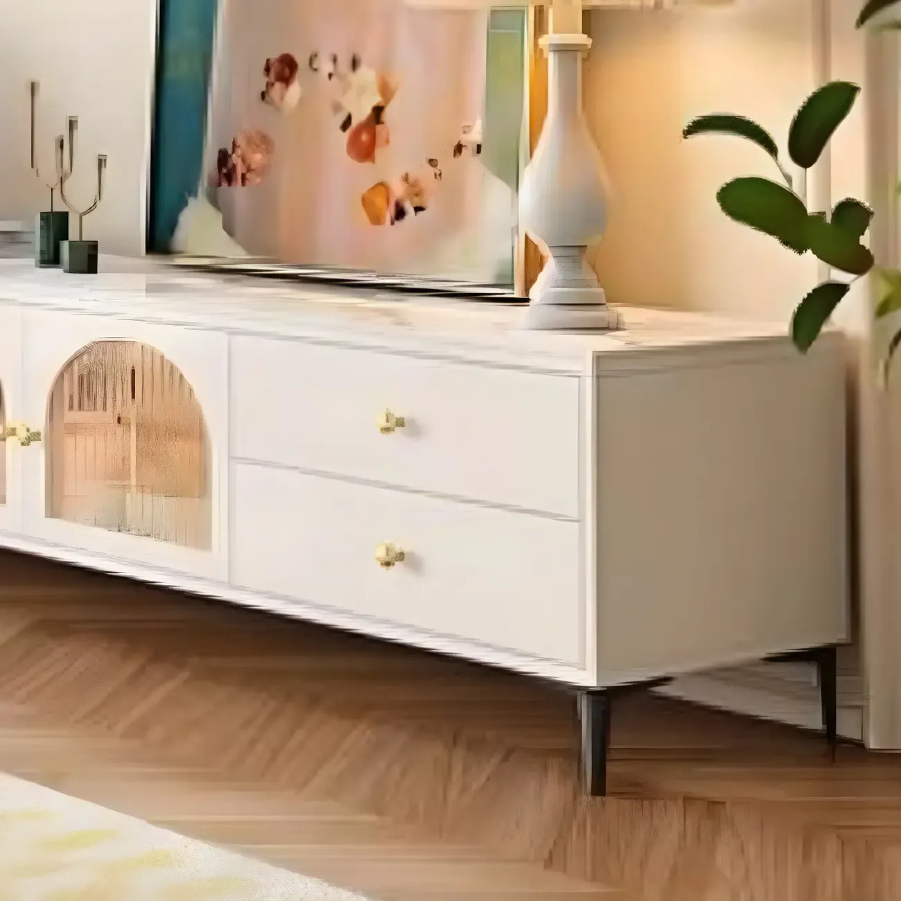 Glam Engineered Wood Juliet Arc TV Stand with Drawers Image - 7