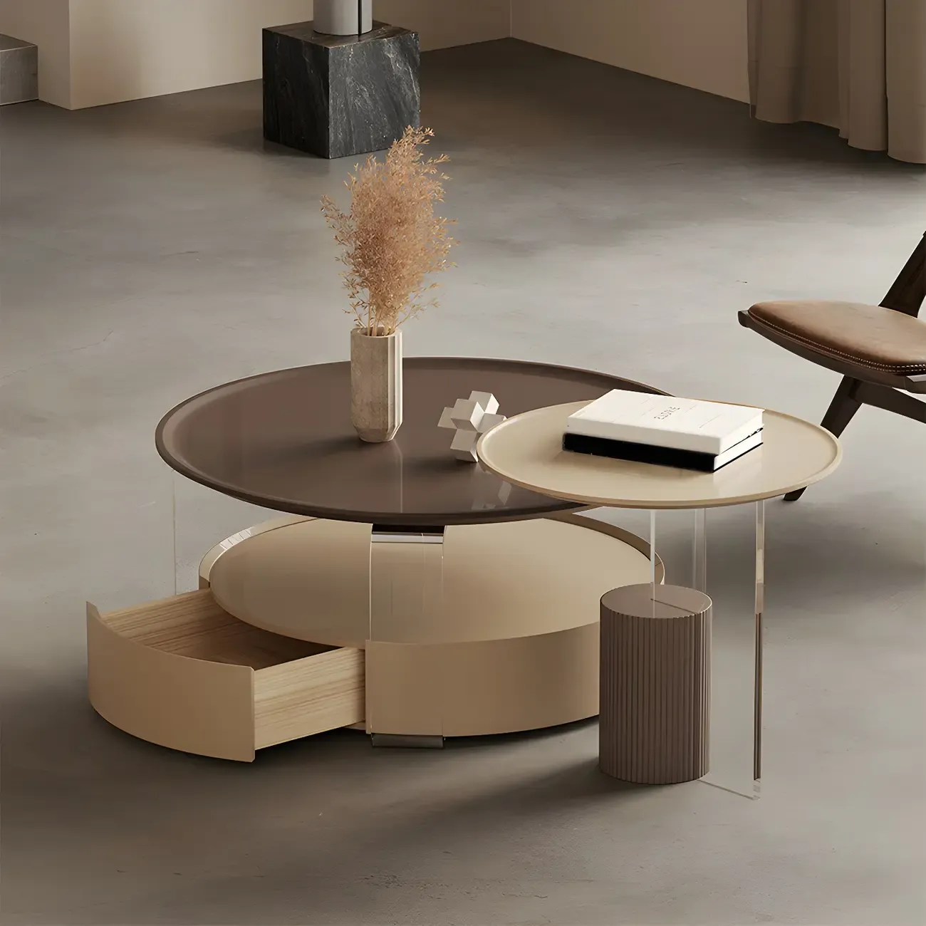Brown Beige Elegant Round Wood Coffee Table with Storage Image - 2