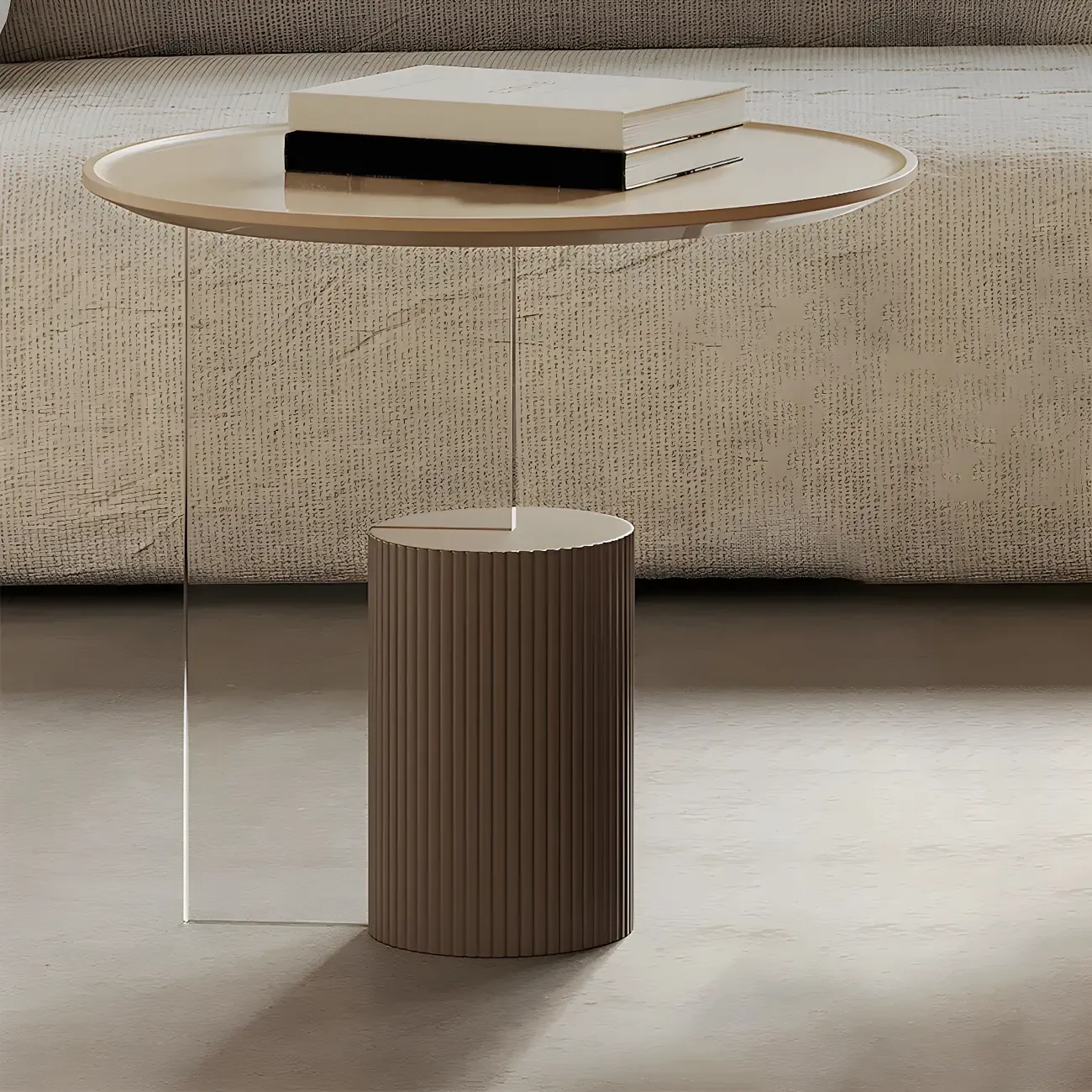 Brown Beige Elegant Round Wood Coffee Table with Storage Image - 3