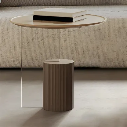 Brown Beige Elegant Round Wood Coffee Table with Storage Image - 3