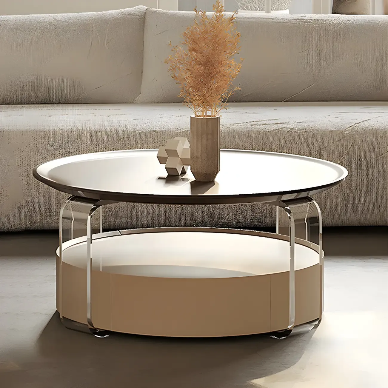 Brown Beige Elegant Round Wood Coffee Table with Storage Image - 4