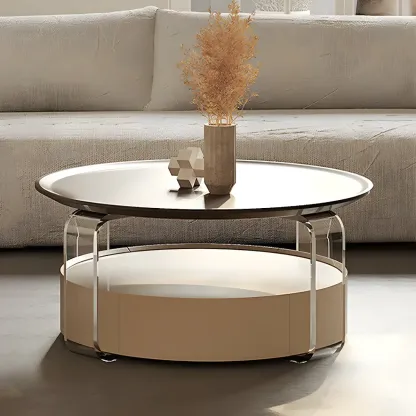 Brown Beige Elegant Round Wood Coffee Table with Storage Image - 4