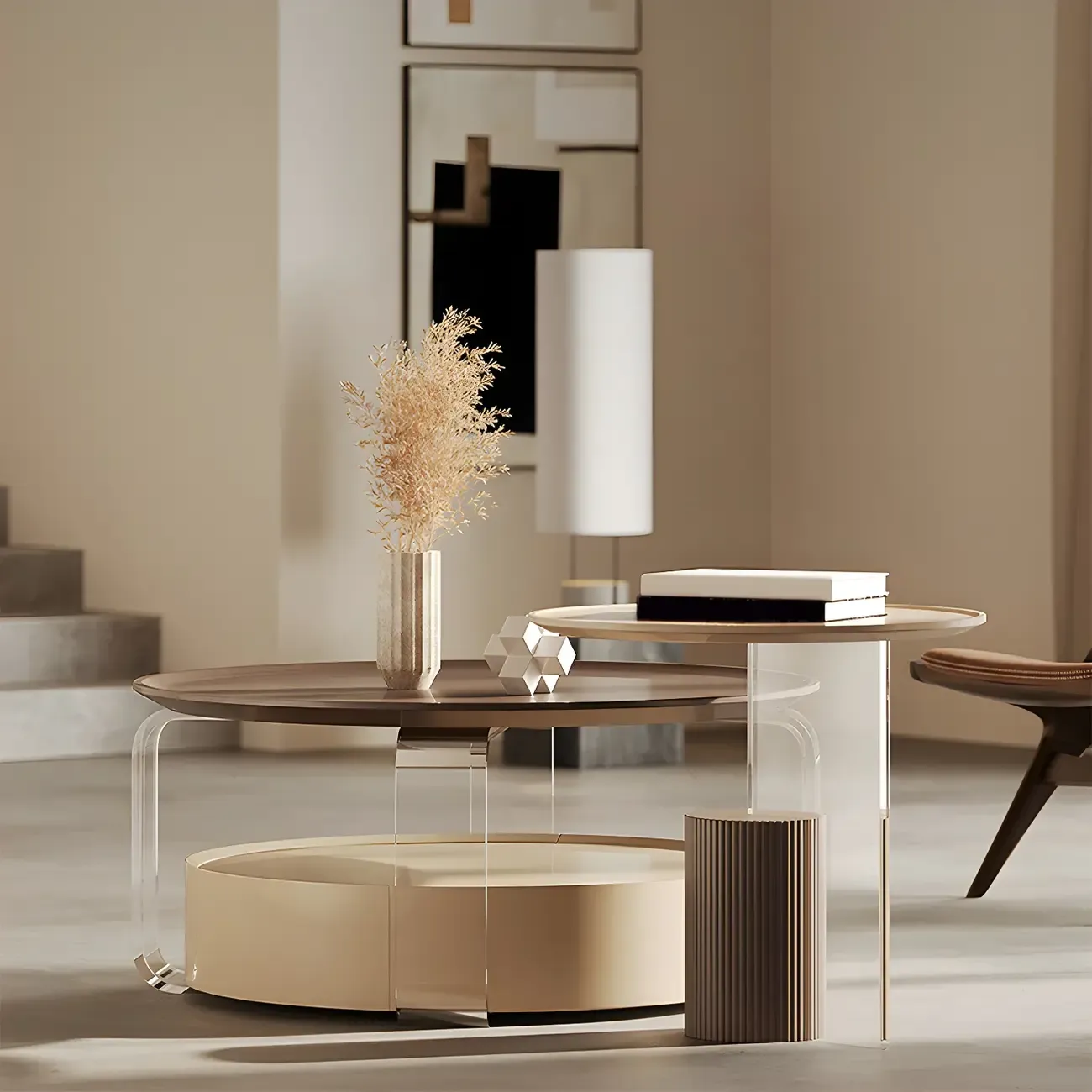 Brown Beige Elegant Round Wood Coffee Table with Storage Image - 1