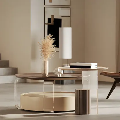 Brown Beige Elegant Round Wood Coffee Table with Storage Image - 1