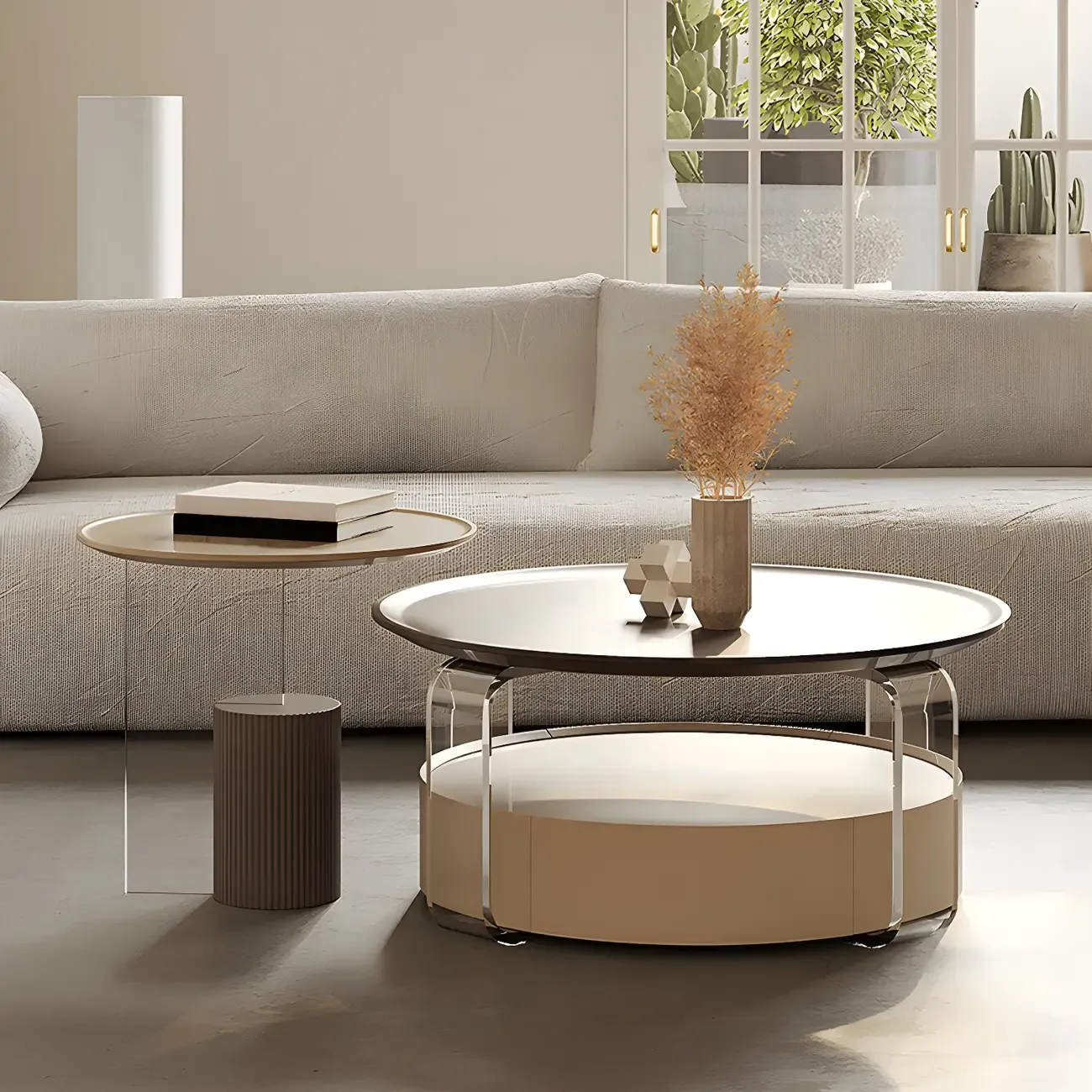 Brown Beige Elegant Round Wood Coffee Table with Storage Image - 5