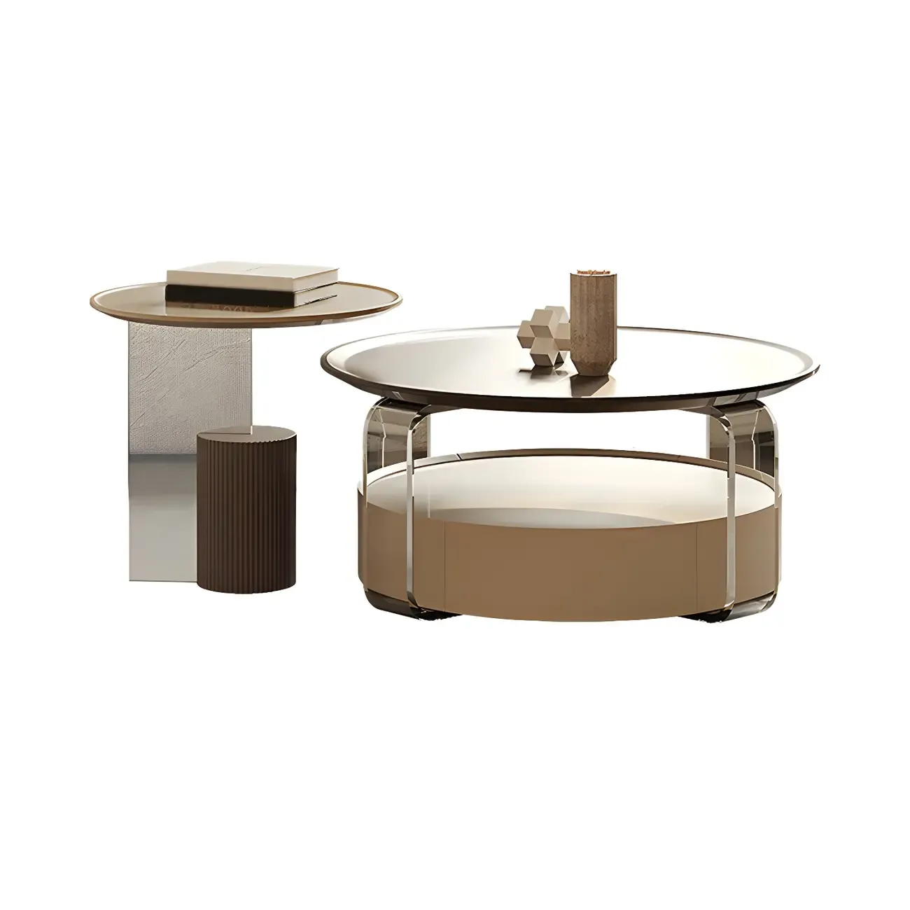 Brown Beige Elegant Round Wood Coffee Table with Storage Image - 8