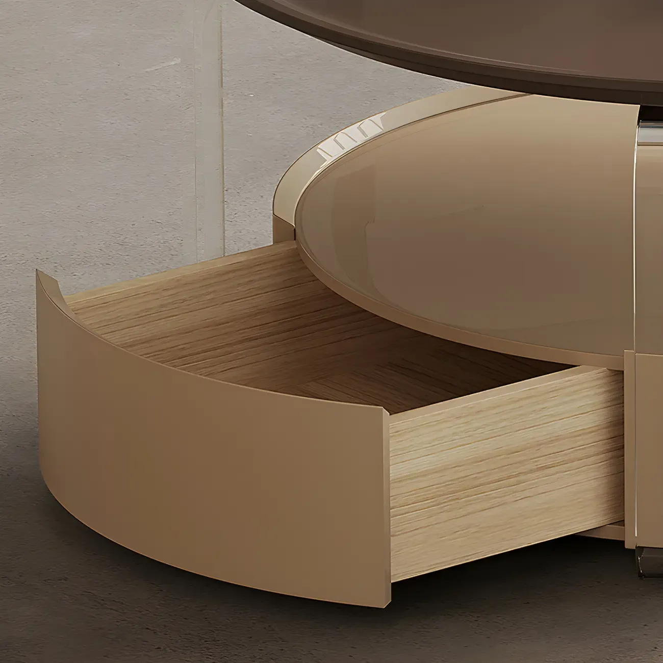 Brown Beige Elegant Round Wood Coffee Table with Storage Image - 9