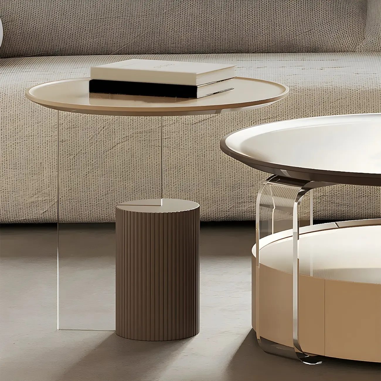 Brown Beige Elegant Round Wood Coffee Table with Storage Image - 10