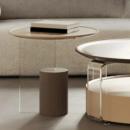 Brown Beige Elegant Round Wood Coffee Table with Storage Image - 10
