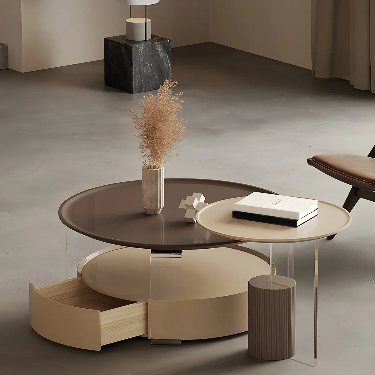 Brown Beige Elegant Round Wood Coffee Table with Storage Image - 12 | homeyfad