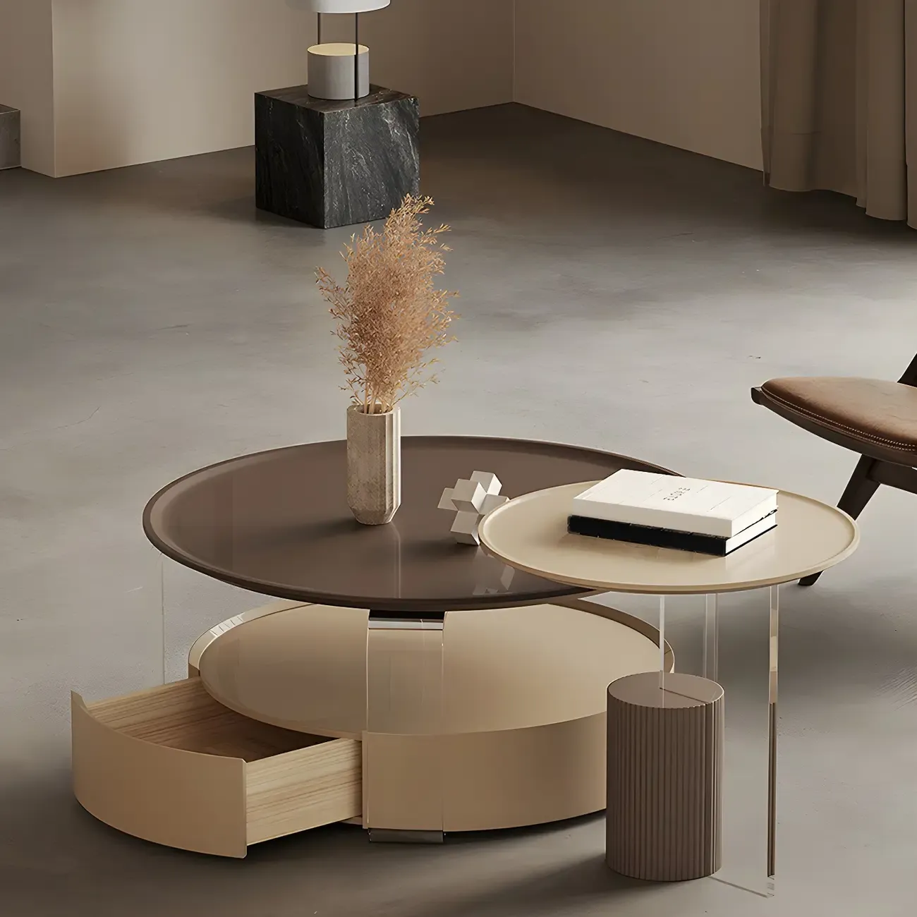 Brown Beige Elegant Round Wood Coffee Table with Storage Image - 12