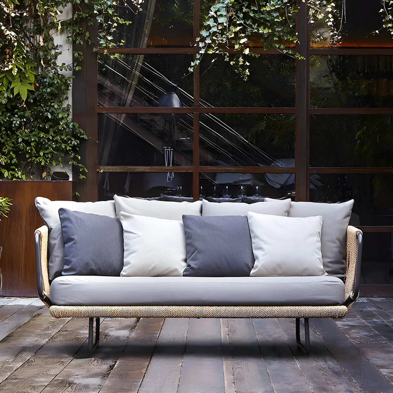 Modern Gray Metal Frame Patio Sofa in Rope Woven Image - 1 | homeyfad