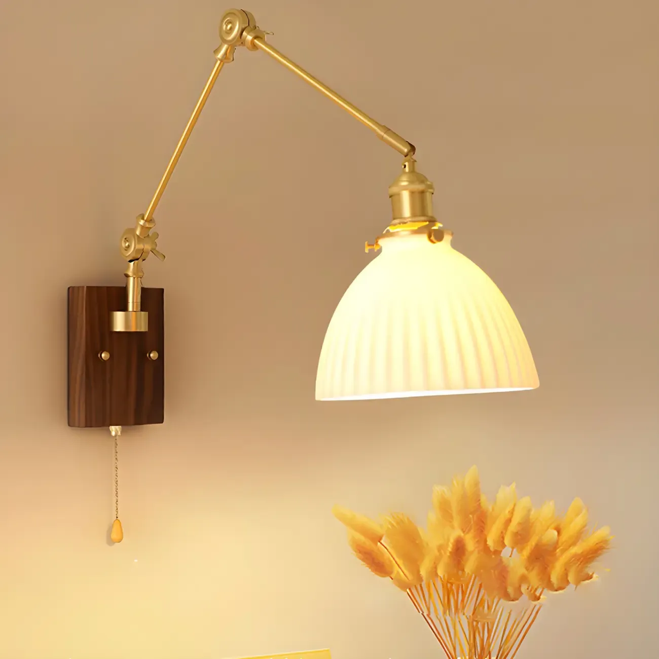 Vintage Wood Base Brass Metal Swing Arm Wall Light Image - 1