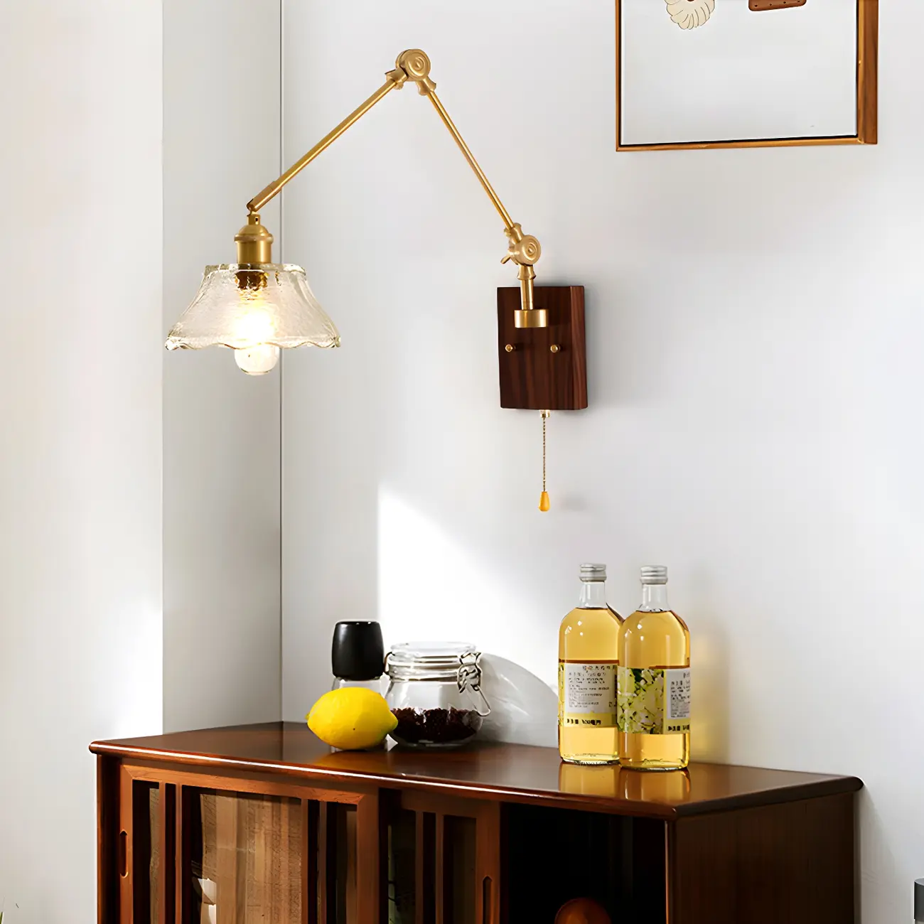 Vintage Wood Base Brass Metal Swing Arm Wall Light Image - 6 | homeyfad