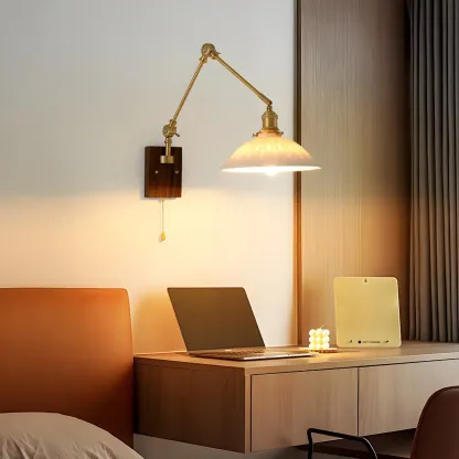 Vintage Wood Base Brass Metal Swing Arm Wall Light Image - 4