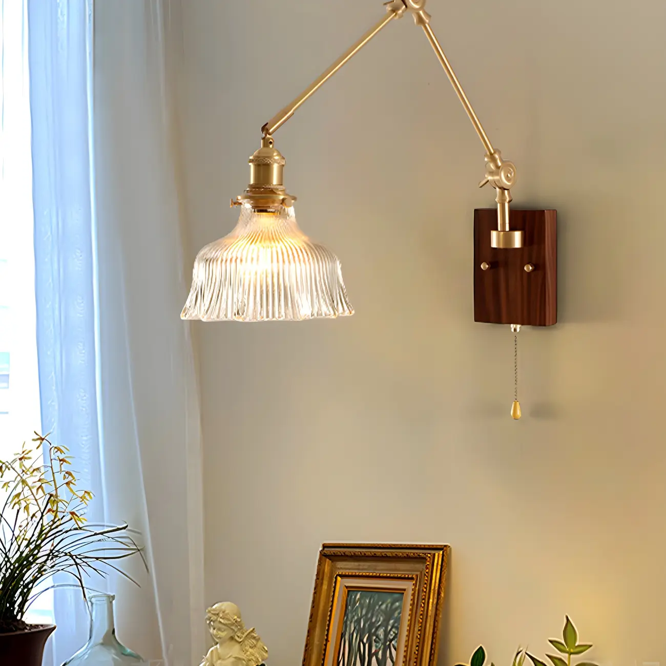 Vintage Wood Base Brass Metal Swing Arm Wall Light Image - 5 | homeyfad