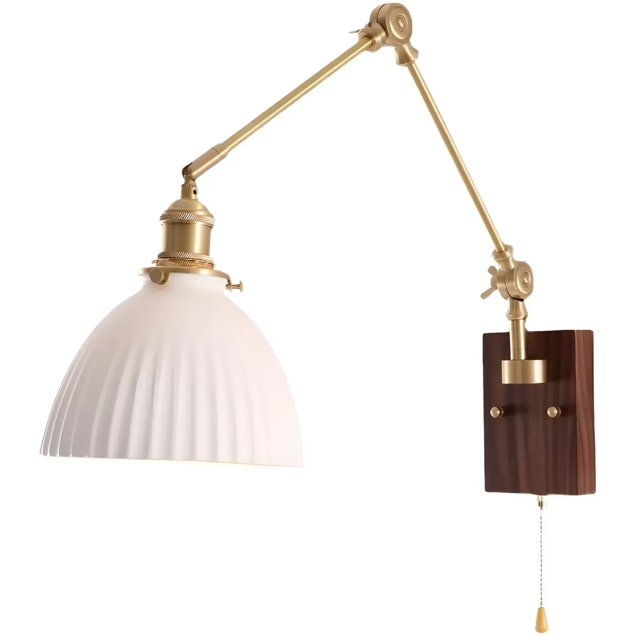 Vintage Wood Base Brass Metal Swing Arm Wall Light Image - 16