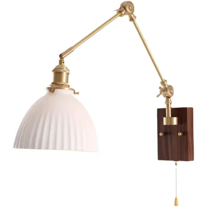 Vintage Wood Base Brass Metal Swing Arm Wall Light Image - 16