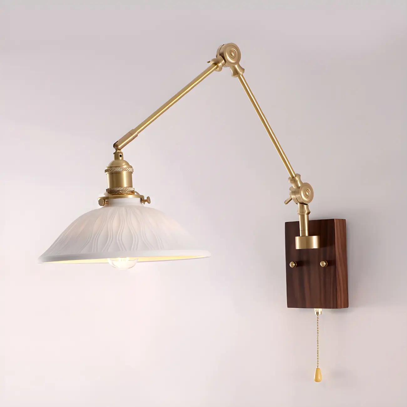 Vintage Wood Base Brass Metal Swing Arm Wall Light Image - 11 | homeyfad