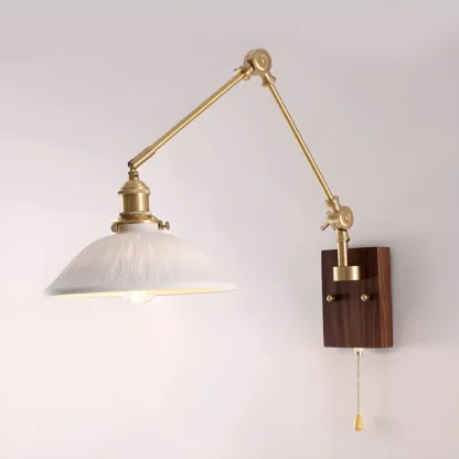 Vintage Wood Base Brass Metal Swing Arm Wall Light Image - 11