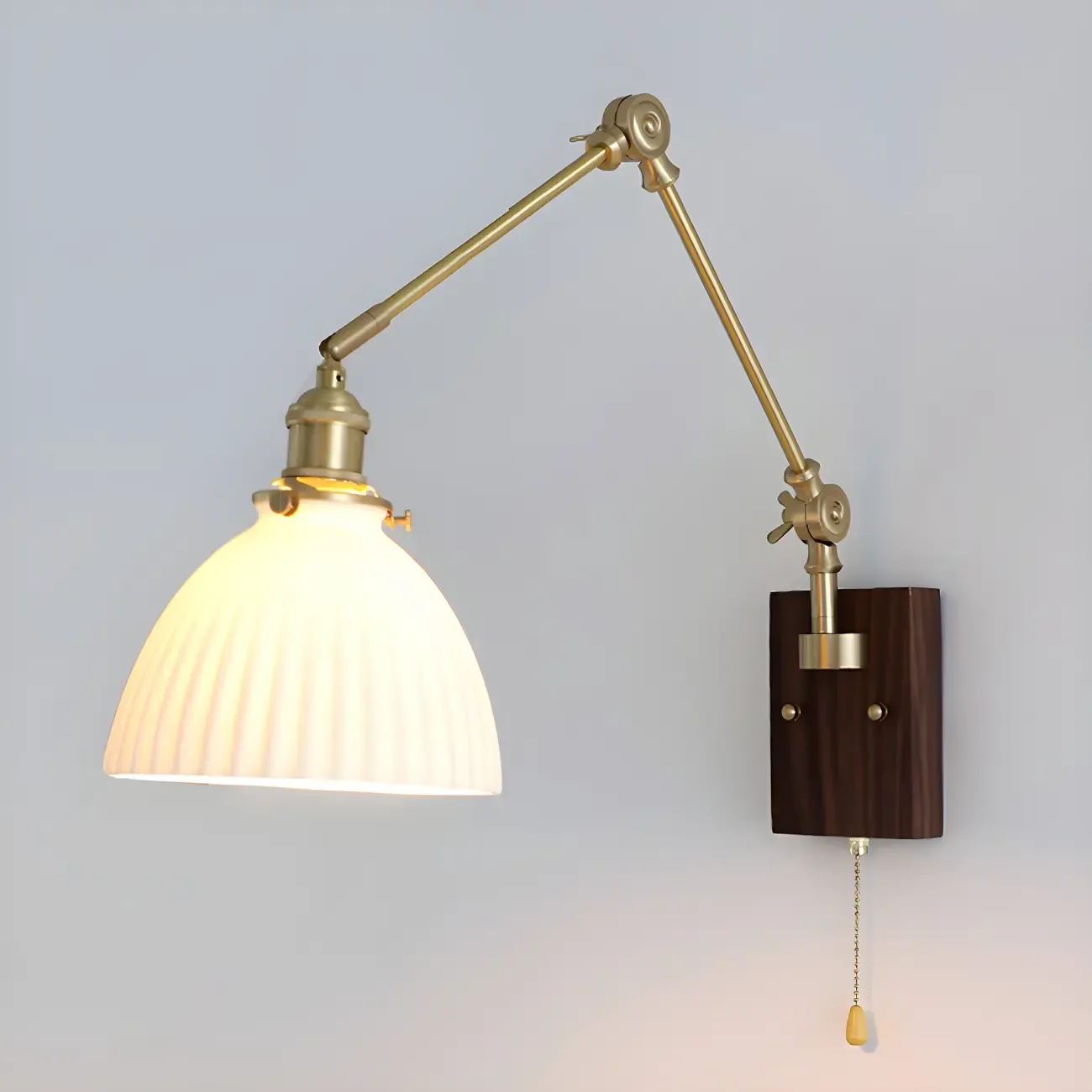 Vintage Wood Base Brass Metal Swing Arm Wall Light Image - 12