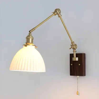 Vintage Wood Base Brass Metal Swing Arm Wall Light Image - 12