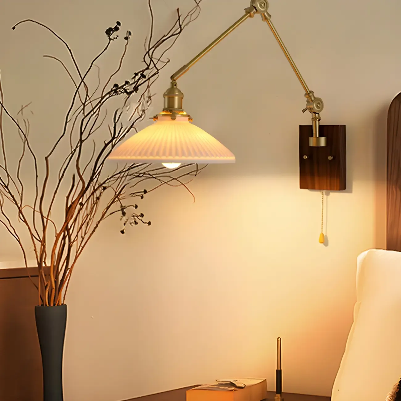 Vintage Wood Base Brass Metal Swing Arm Wall Light Image - 3