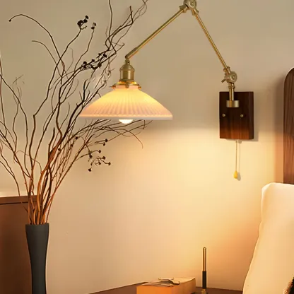 Vintage Wood Base Brass Metal Swing Arm Wall Light Image - 3
