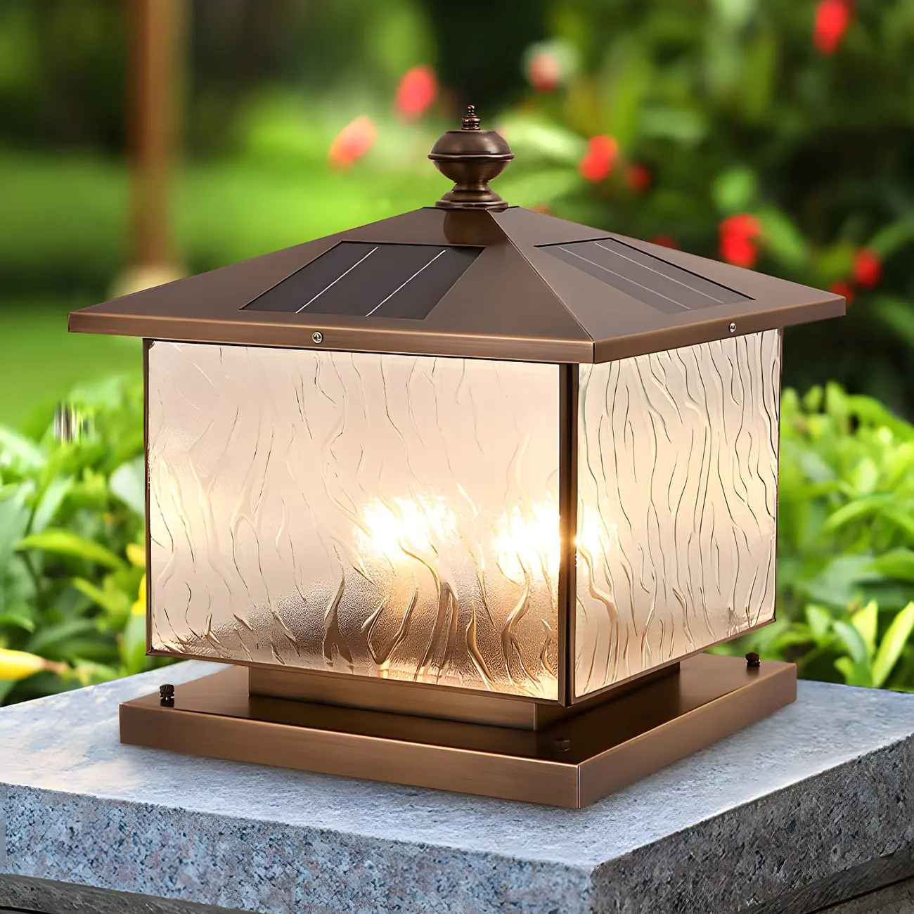 Solar Brass and Bronze Ripple Glass Post Cap Light Image - 1 | homeyfad