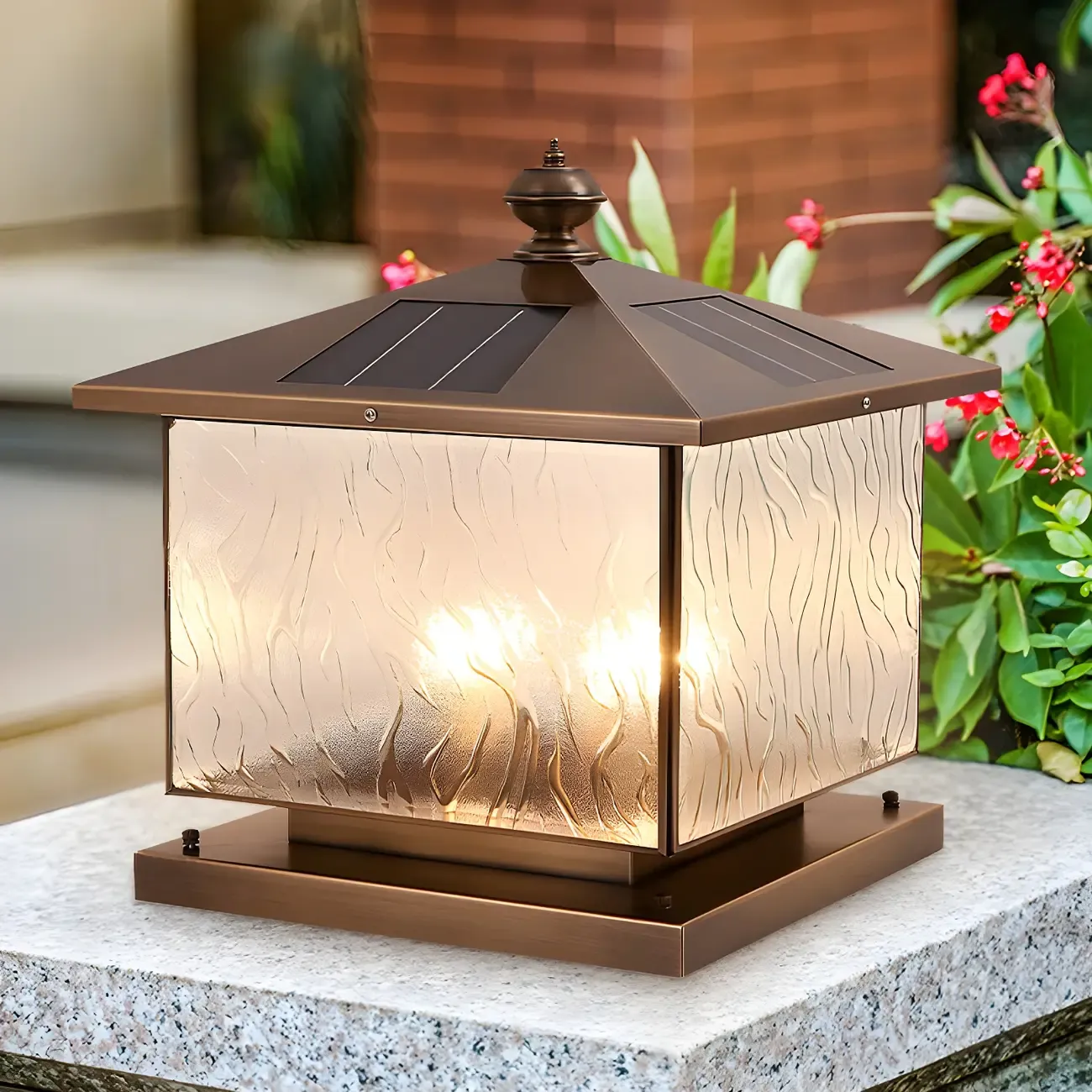 Solar Brass and Bronze Ripple Glass Post Cap Light Image - 6