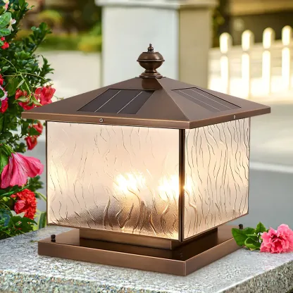 Solar Brass and Bronze Ripple Glass Post Cap Light Image - 8