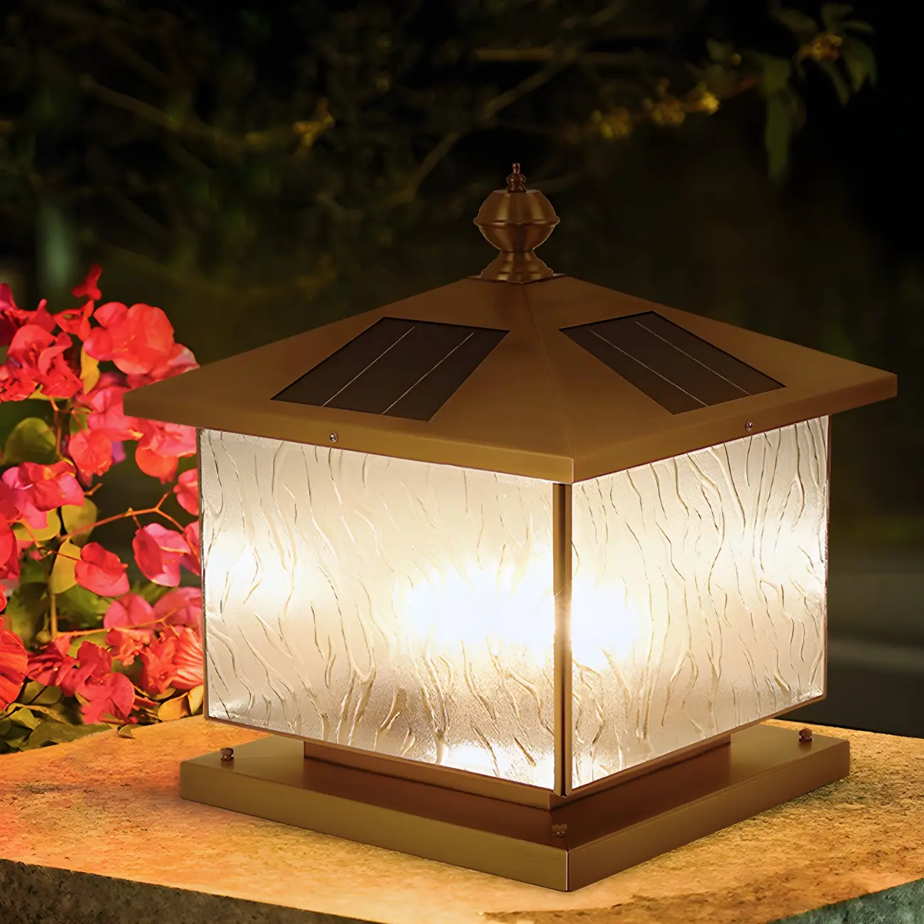 Solar Brass and Bronze Ripple Glass Post Cap Light Image - 5 | homeyfad