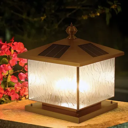 Solar Brass and Bronze Ripple Glass Post Cap Light Image - 5