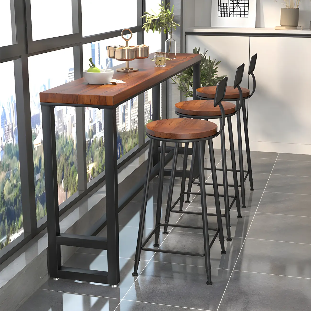 Rectangle Brown Wooden Bar Table With Footrest Image - 1 | homeyfad