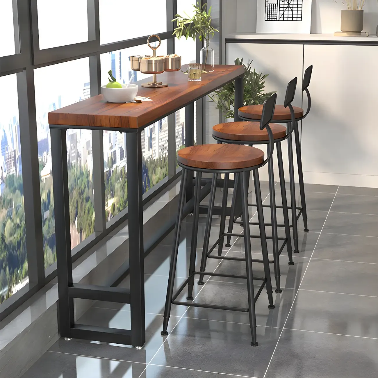 Rectangle Brown Wooden Bar Table With Footrest Image - 1