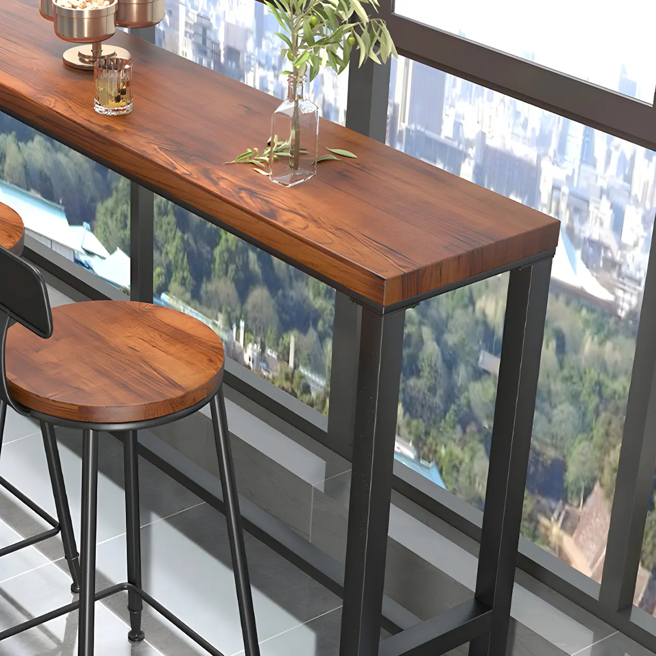 Rectangle Brown Wooden Bar Table With Footrest Image - 7 | homeyfad