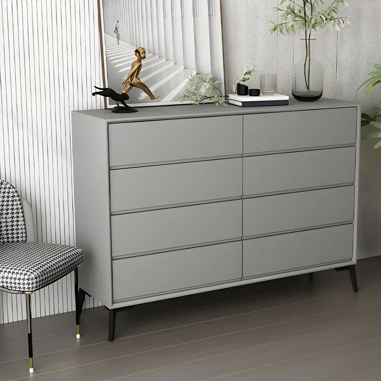 Minimalist Light Gray Wooden Dresser with Drawers Storage Image - 6