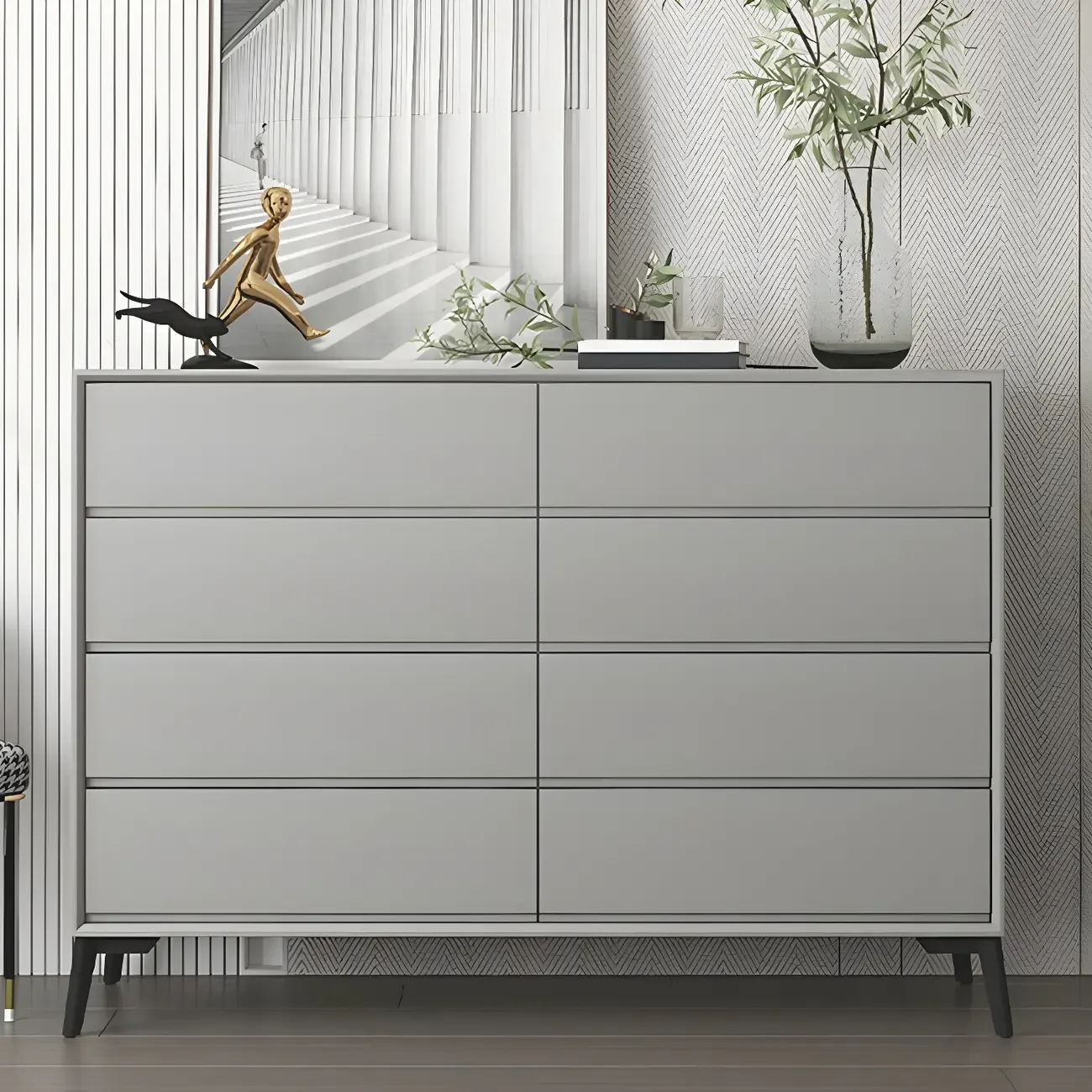 Minimalist Light Gray Wooden Dresser with Drawers Storage Image - 3