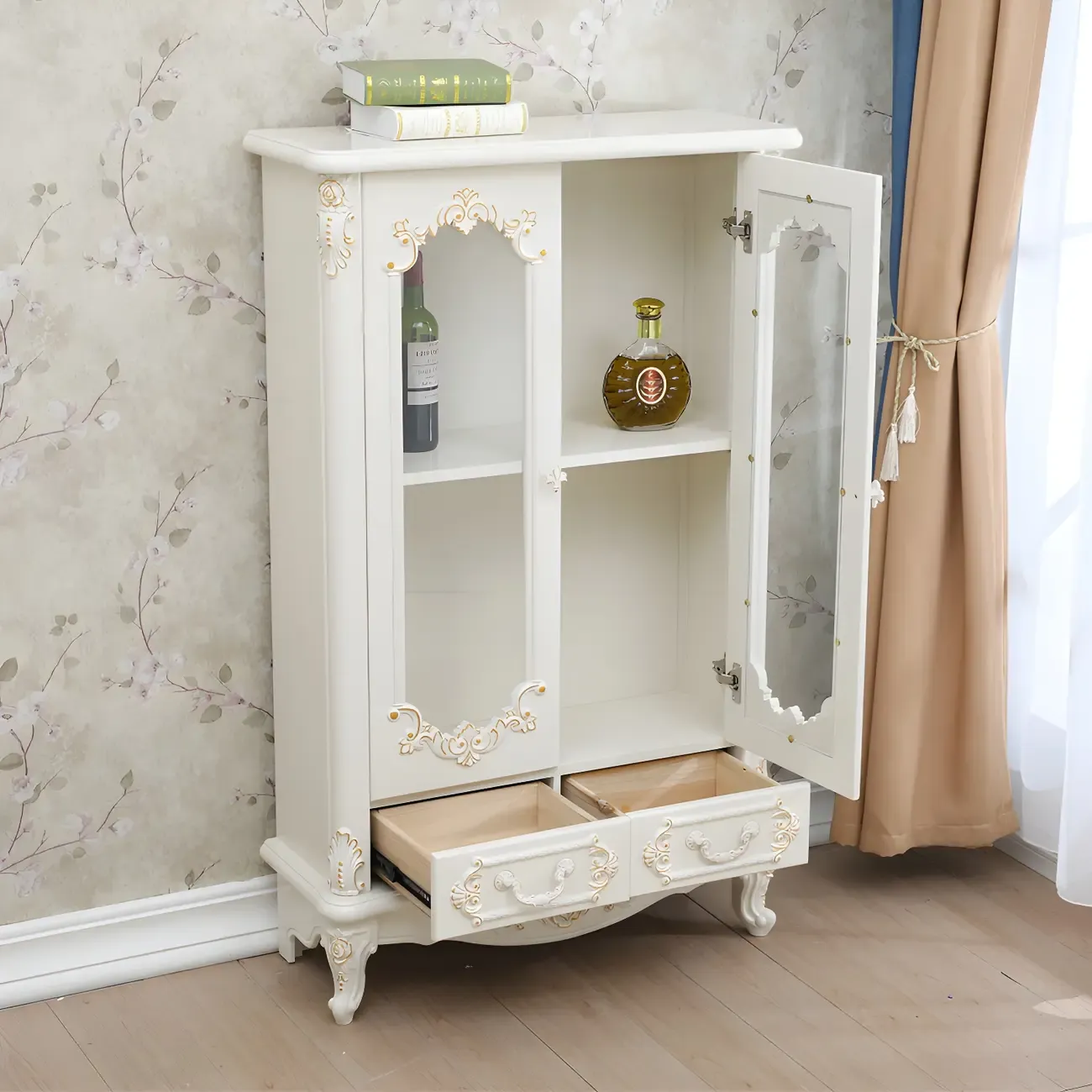 Vintage White Wooden Display Cabinet with Glass Doors Image - 2