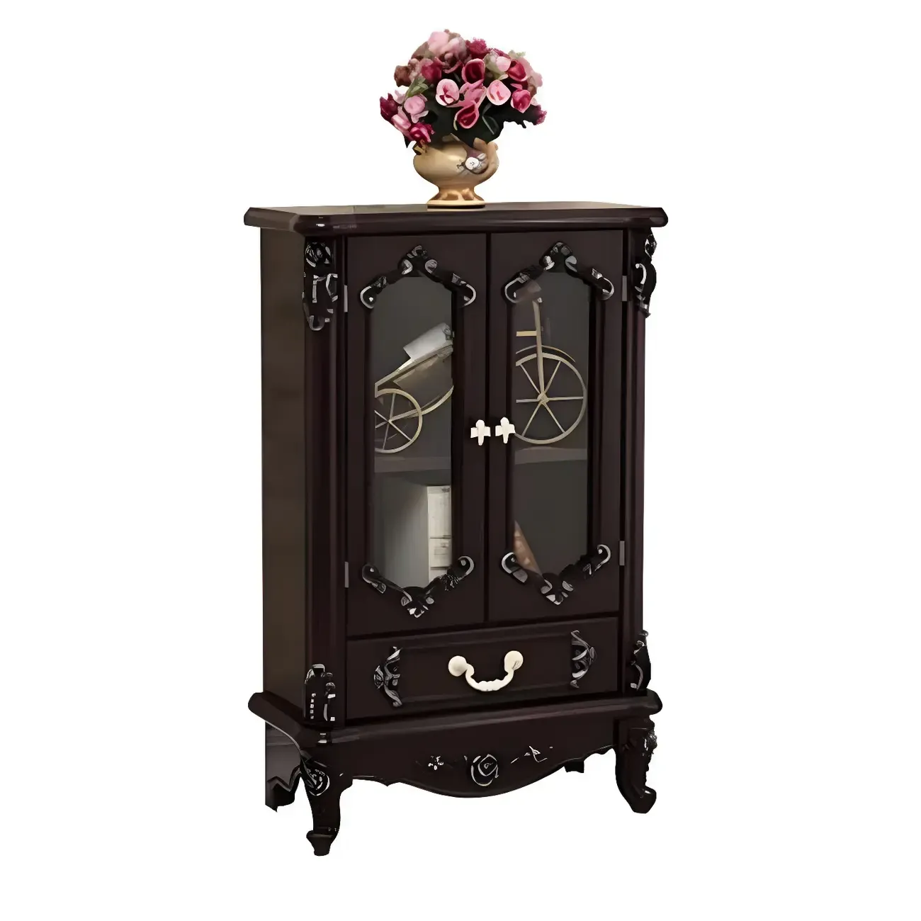 Vintage White Wooden Display Cabinet with Glass Doors Image - 3