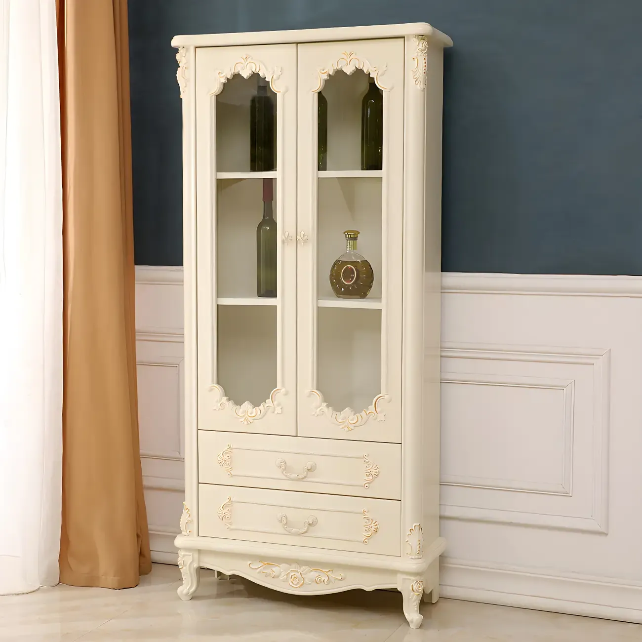 Vintage White Wooden Display Cabinet with Glass Doors Image - 4